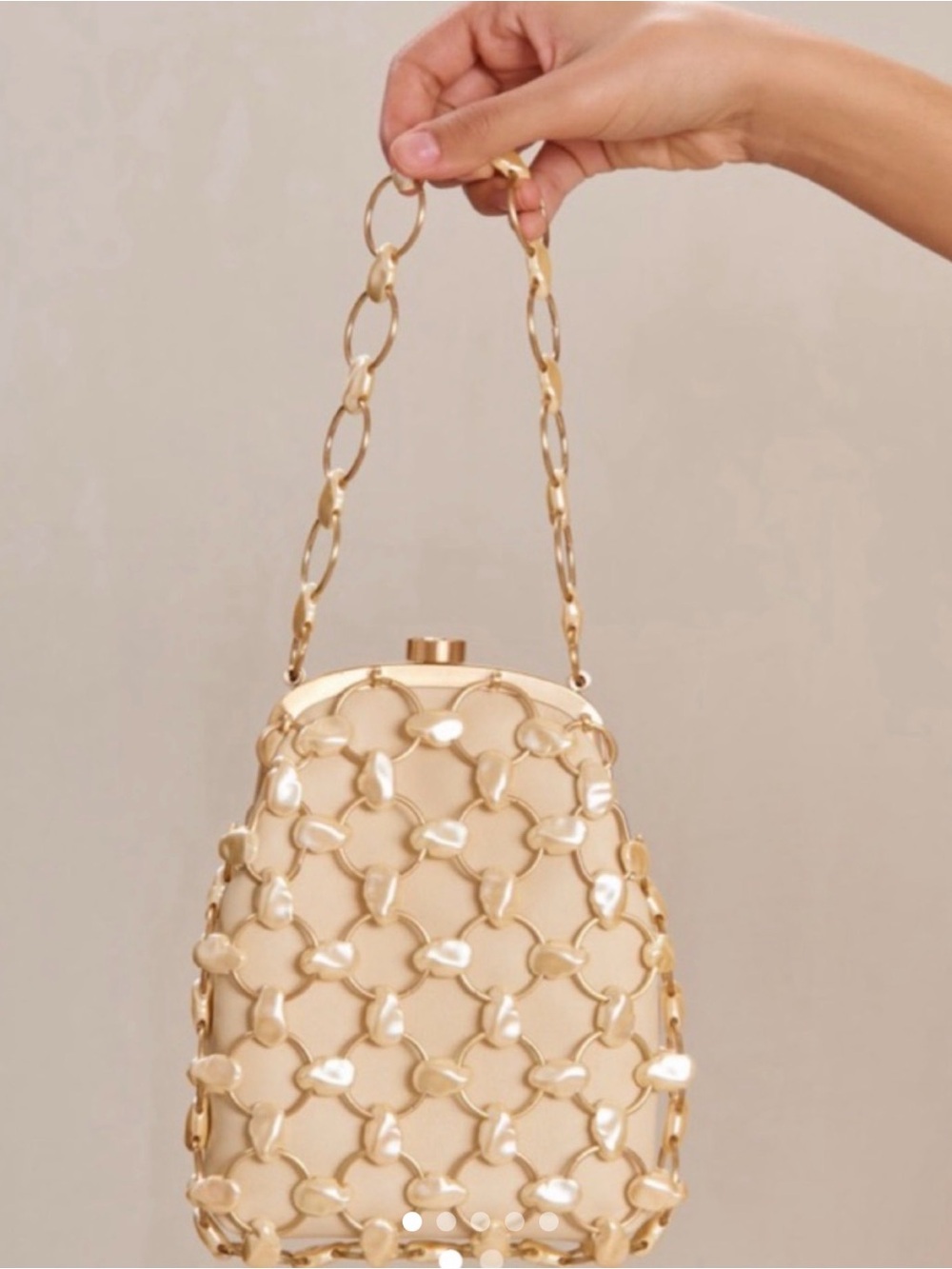 Cult Gaia, Brielle; Cream Beaded Pearl-Style Evening Clutch with Gold Chain